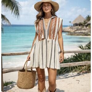 NWT Free People Sz S Tulum Ovrszd Tunic Embroidered Tassels Pkts Peasant Dress